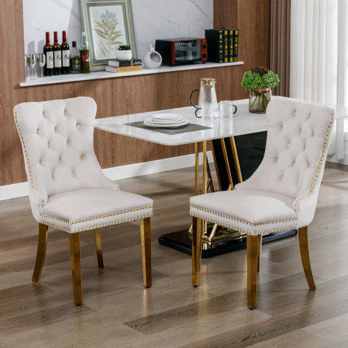 Luxe Divine Collection ~ Luxury Tufted Solid Wood Velvet Upholstered Dining Chair With Golden Stainless Steel Plating Legs, Nailhead Trim, Set of 2