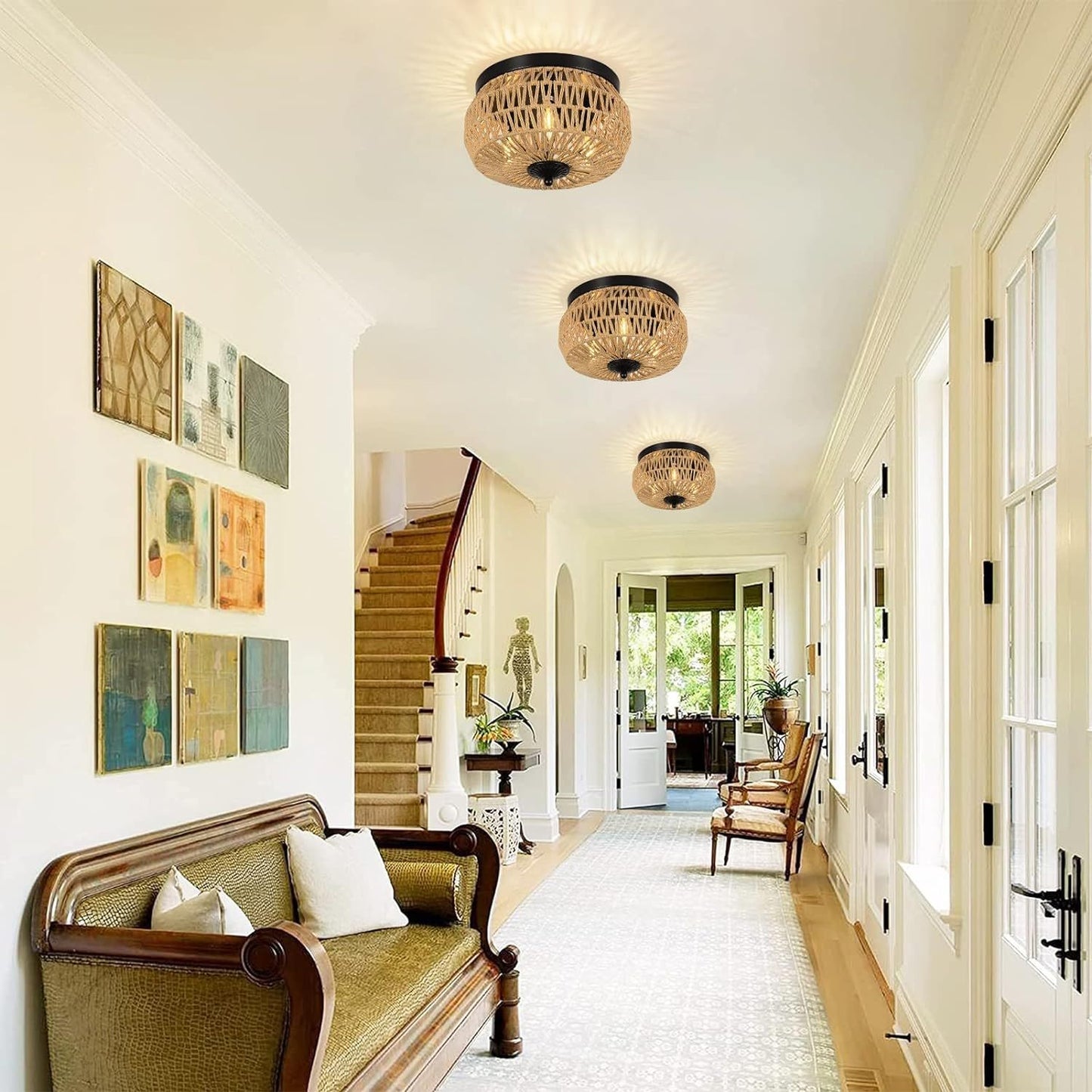 Luxe Divine Collection ~ 3 Lamp Woven Rattan Recessed Chandelier With Handmade Cage Lampshade
