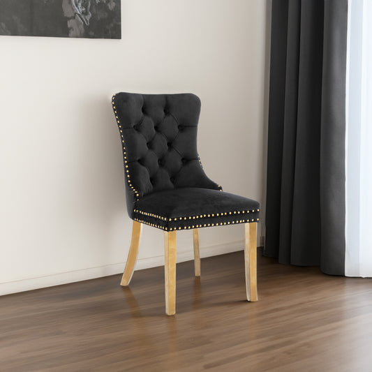 Luxe Divine Collection ~ Black Solid wood velvet cushion chair, gold-plated stainless steel chair leg nail head decoration 2-piece set in black and gold