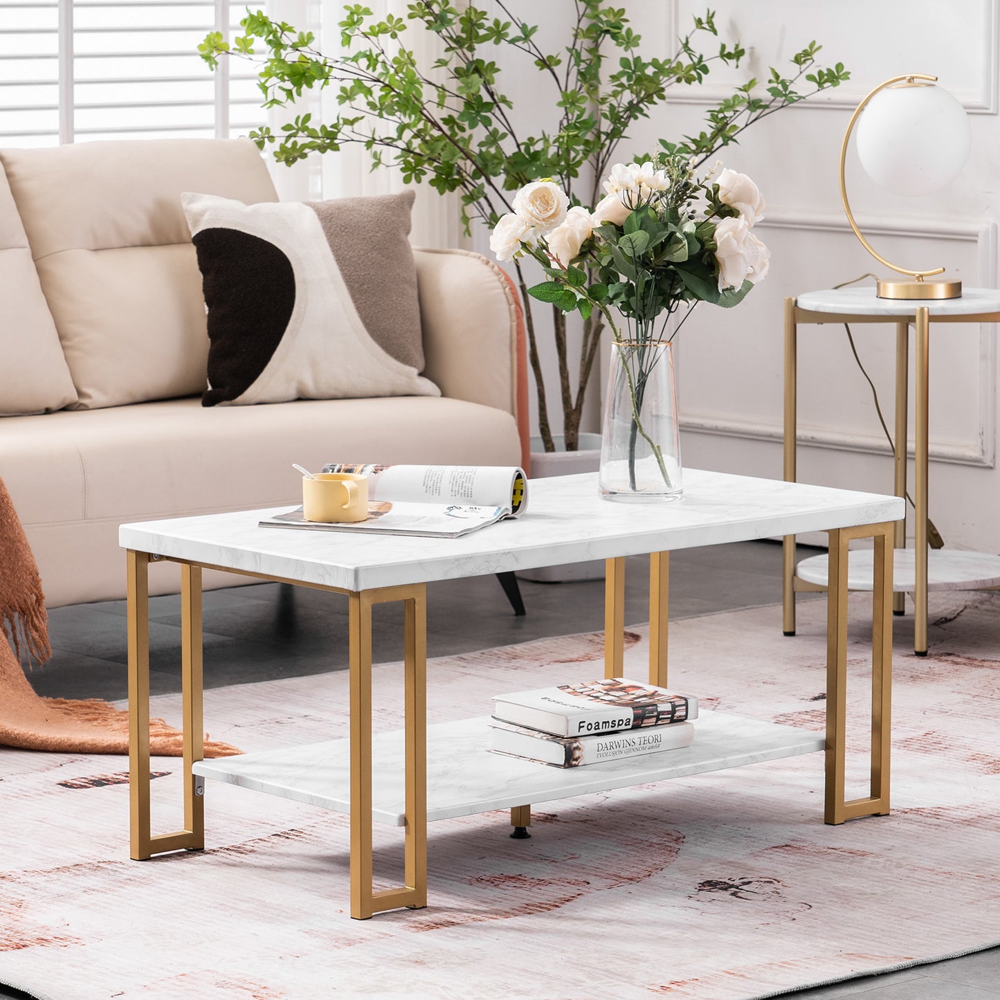 Luxe Divine Collection ~ 106 x 50 x 48cm Rectangular Double Layer Golden Iron Pipe Marble PVC Coffee Table