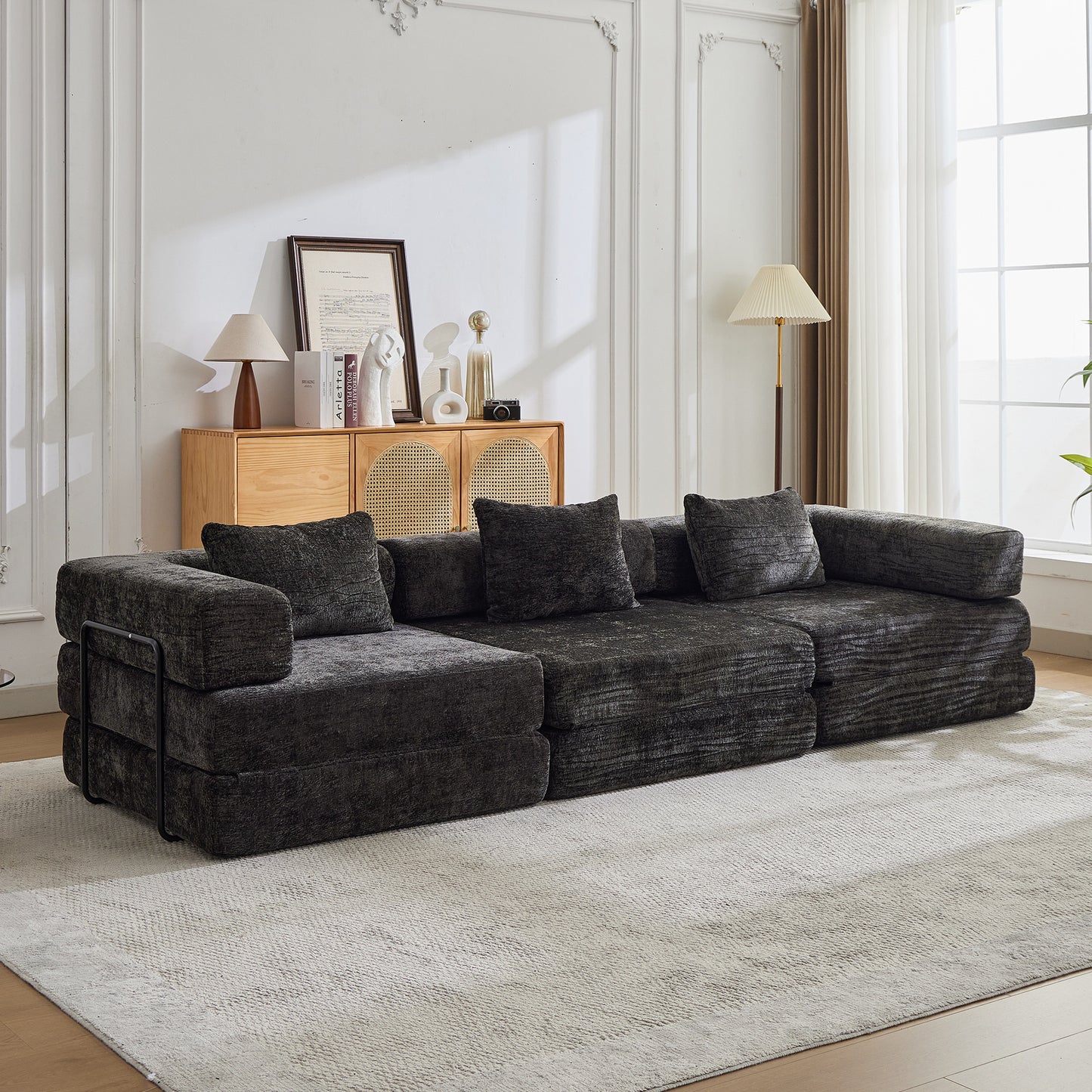 Compression Sofa,Convertible Floor Sofa Bed With Fixed-Shape Frame, Boneless Modular Sectional Sofa,No Assembly Required,Chenille Fabric,for Living Room Bedroom,Black