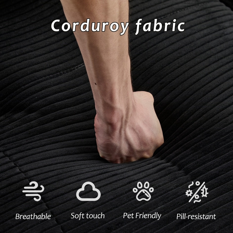 Modern Memory Foam Compressed Sofa,Large Sectional Couches For Living Room,Pet-Friendly Cloud Modular Sectional Sofa,Corduroy Fabric,Extra Deep Loveseat,No Assembly Required, Black