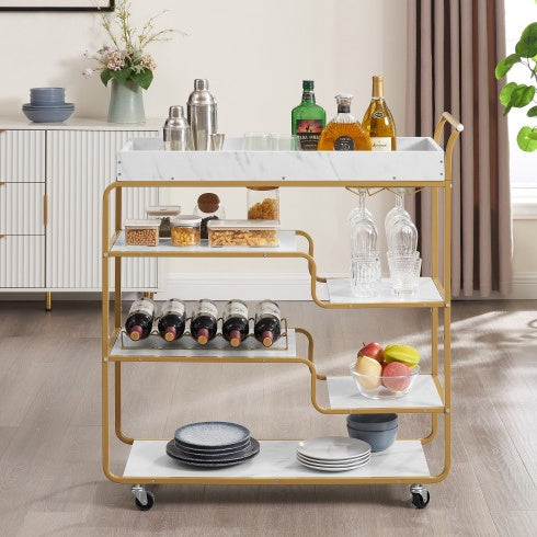 Luxe Divine Collection ~ 6-Tier Rolling Bar Serving Cart, Retro Style Wine Cart, With Wine Rack And Glass Holder, For Living Room and Dining Room