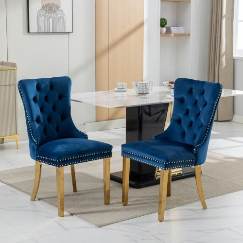 Luxe Divine Collection ~ Luxury Tufted Solid Wood Contemporary Velvet Upholstered Dining Chair With Golden Stainless Steel Plating Legs,Nailhead Trim, Set Of 2