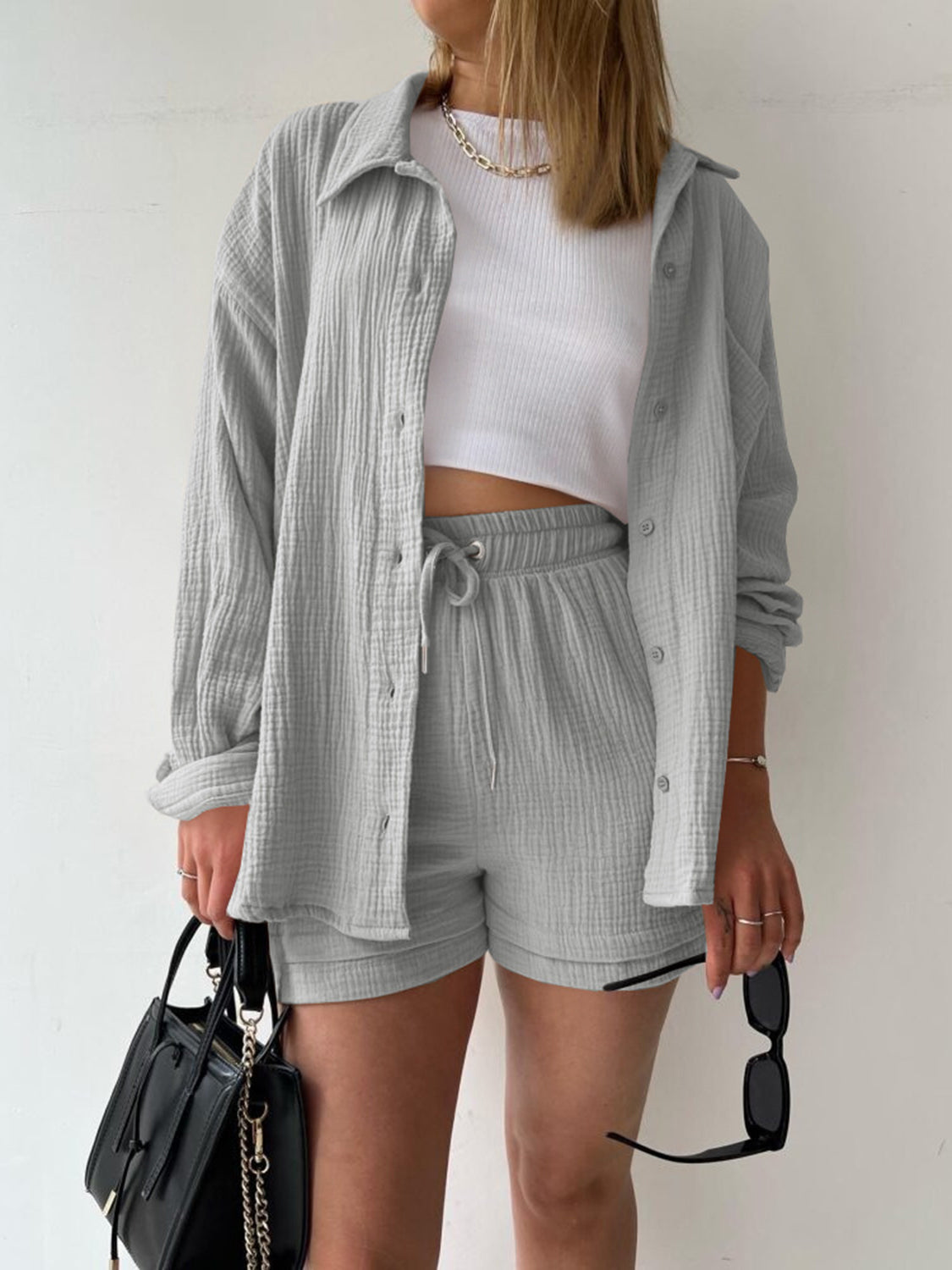 Luxe Divine Collection ~ Texture Button Up Shirt and Drawstring Shorts Set