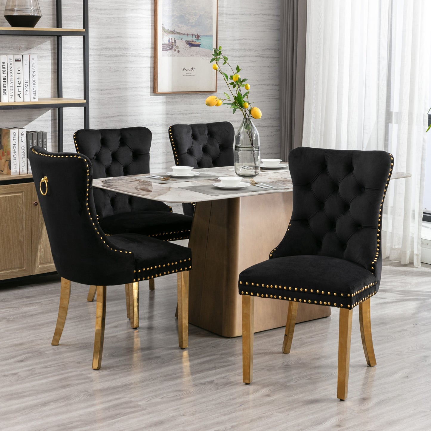 Luxe Divine Collection ~ Black Solid wood velvet cushion chair, gold-plated stainless steel chair leg nail head decoration 2-piece set in black and gold