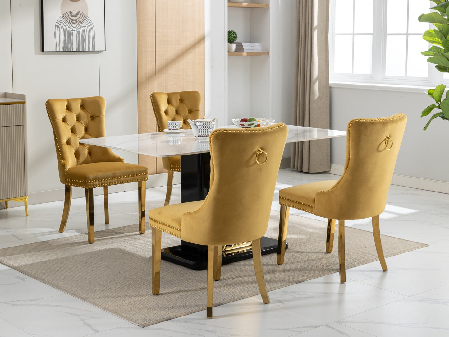 Luxe Divine Collection ~ High-end Tufted Solid Wood Contemporary Velvet Upholstered Dining Chair With Golden Stainless Steel Plating Legs,Nailhead Trim,Set Of 2