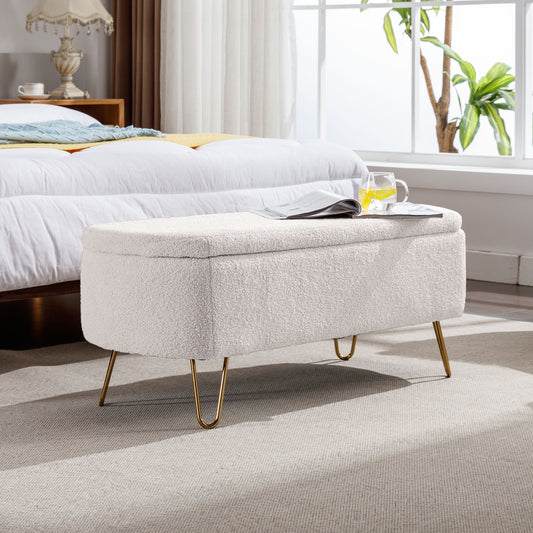 Luxe Divine Collection ~ Ivory White Storage Ottoman Bench for End of Bed Gold Legs