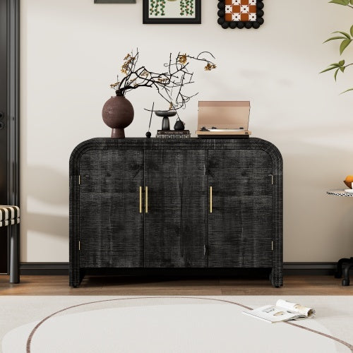 Luxe Divine Collection ~ Vintage Minimalist Curved Sideboard With Gold Handles And Adjustable Partitions For The Living Room Or Dining Room, Black