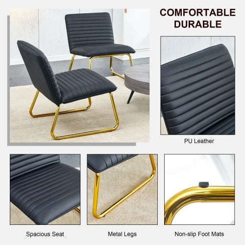 Luxe Divine Collection ~ Black Minimalist Armless Sofa Chair With PU Backrest And Golden Metal Legs, For Office or Home