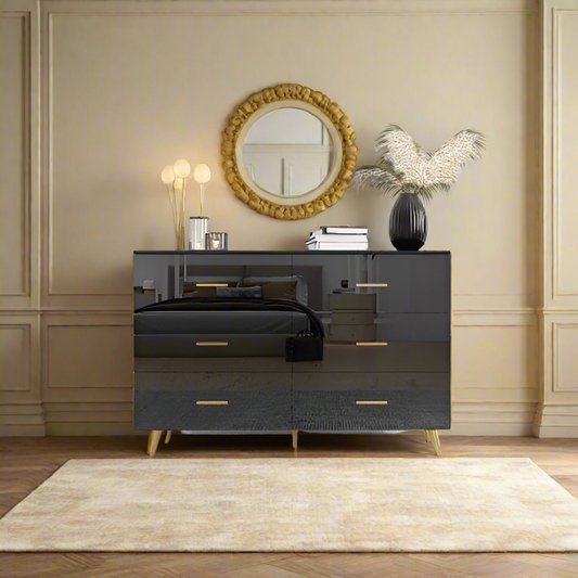 Luxe Divine Collection ~ High Glossy Surface 6 Drawers Chest Of Drawer With Golden Handle And Golden Steel Legs White Color Vanity