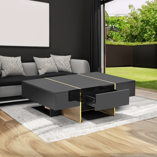 Luxe Divine Collection ~ 47.2 inch x 31.4 inch multifunctional rectangular sofa table with 2 drawers and gold wood grain leg center table, black