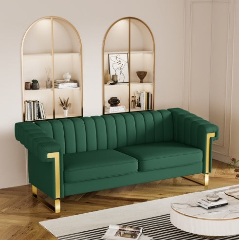 Luxe Divine Collection ~ Sleek Channel-Tufted Upholstery, 3-Seat Sofa with Gold Accents
