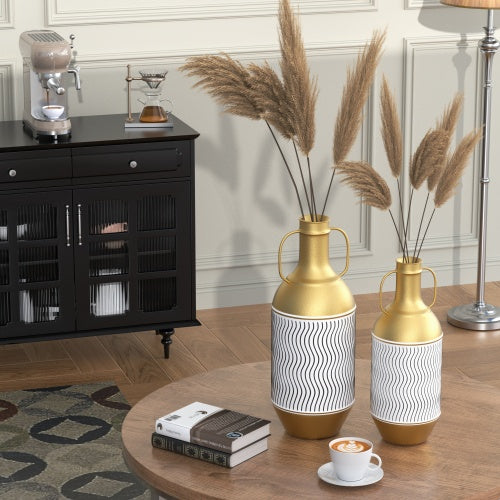 Luxe Divine Collection ~ Large Floor Metal Vase Decorated Vintage Golden, White Metal Vase Set Of 2