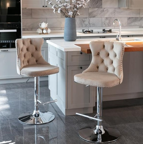 Luxe Divine Collection ~ Rotating Velvet Bar Stool Beige, Silver Nailhead Trim, Set of 2