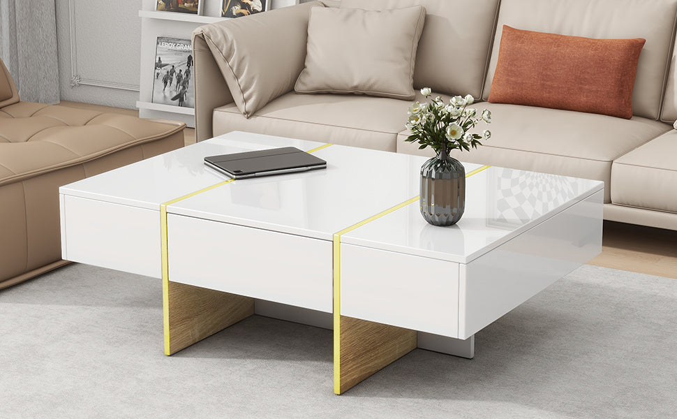 Luxe Divine Collection ~ 47.2 inch x 31.4 inch Multifunctional Rectangular Sofa Table with 2 drawers and Gold Wood Grain Leg Center Table, white