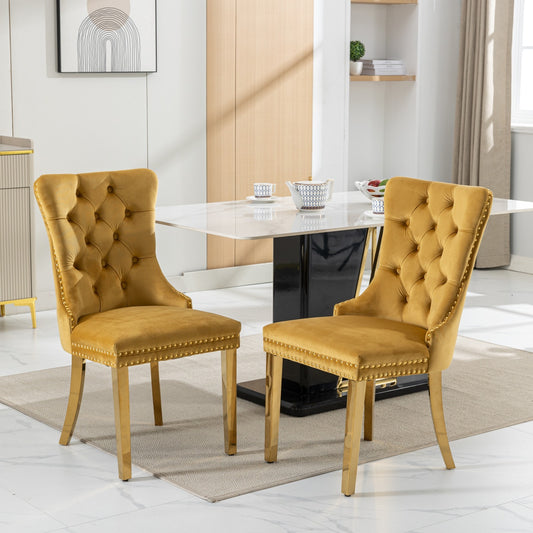 Luxe Divine Collection ~ High-end Tufted Solid Wood Contemporary Velvet Upholstered Dining Chair With Golden Stainless Steel Plating Legs,Nailhead Trim,Set Of 2