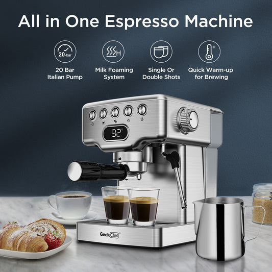 Luxe Divine Collection ~ Espresso Machine, 20 Bar With Milk Frother For Latte, Cappuccino, Macchiato, Espresso Maker, 1.8L Water Tank, Stainless Steel