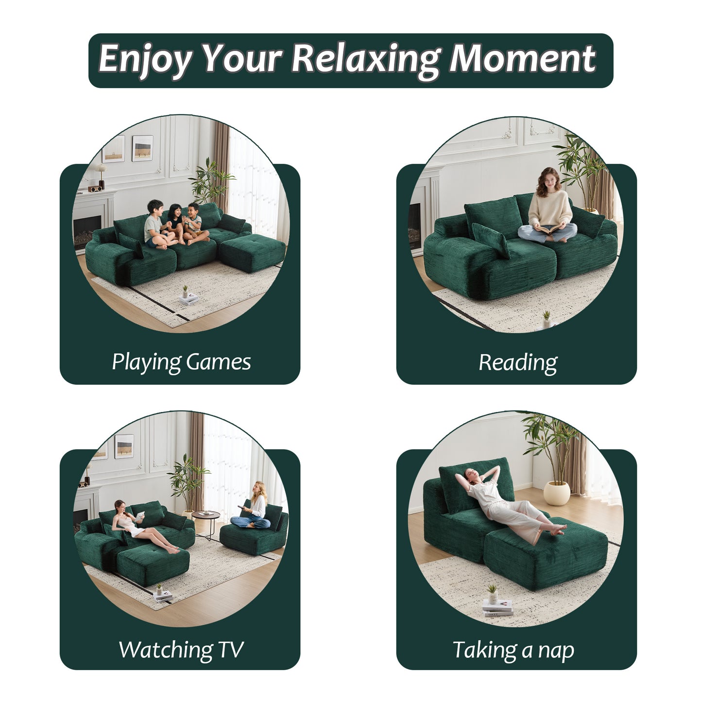 Modern Memory Foam Compressed Sofa,Large Sectional Couches For Living Room,Pet-Friendly Cloud Modular Sectional Sofa,Corduroy Fabric,Extra Deep Loveseat,No Assembly Required,Green