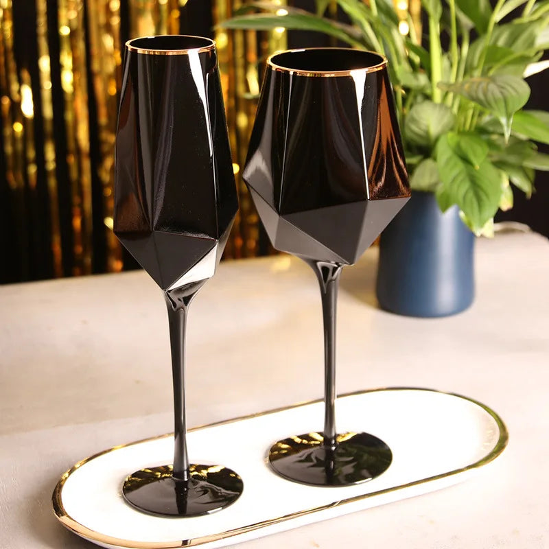 Luxe Divine Collection ~ Pure Black Crystal Golden Edge Wine Glass, Special Champagne Glasses