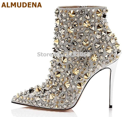 Luxe Divine Collection ~ Glitter Gold Metallic Studs Ankle Boots Stiletto Heel Silver Shell Spikes Pointed Toe Booties