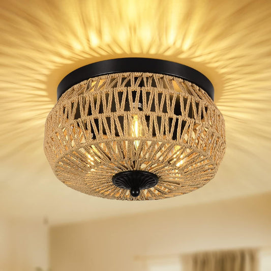 Luxe Divine Collection ~ 3 Lamp Woven Rattan Recessed Chandelier With Handmade Cage Lampshade