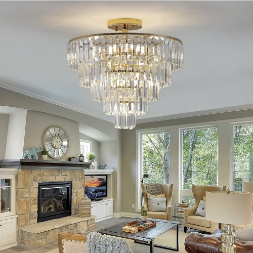 Luxe Divine Collection ~ Golden Crystal Chandelier, 5-layer Round Semi-recessed Chandelier Lamp, Large Modern Luxury Chandelier, Suitable For Living Room, Dining Room, Bedroom, Corridor