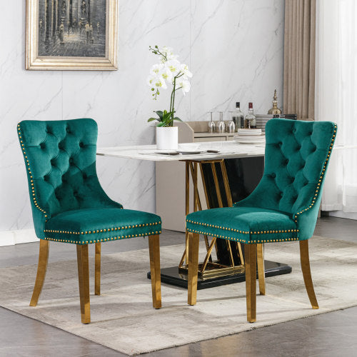 Luxe Divine Collection ~ Luxury Tufted Solid Wood Velvet Upholstered Dining Chair With Golden Stainless Steel Plating Legs, Nailhead Trim, Set Of 2
