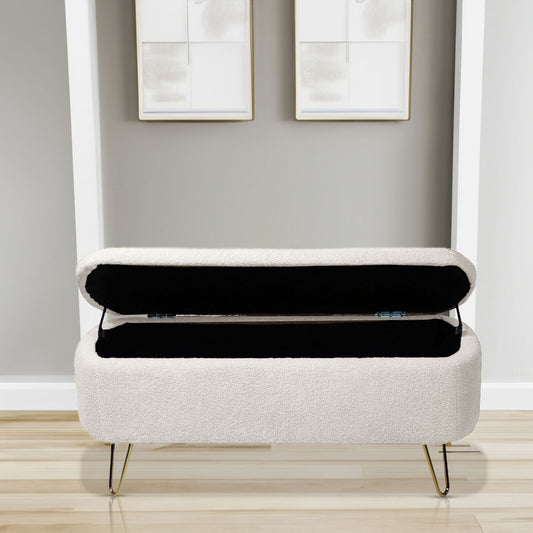 Luxe Divine Collection ~ Ivory White Storage Ottoman Bench for End of Bed Gold Legs
