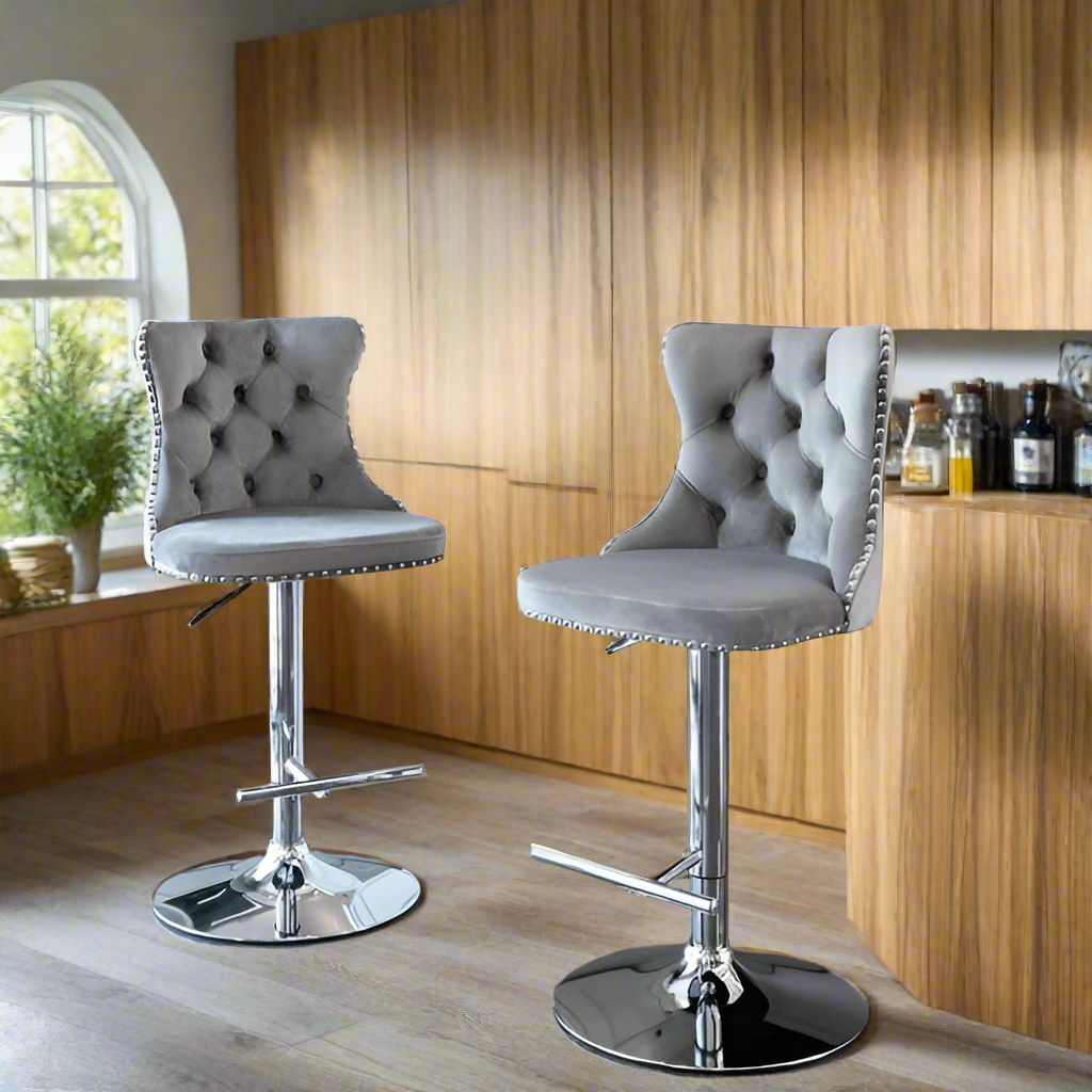 Luxe Divine Collection ~ Rotating Velvet Bar Stool Gray, Silver Nailhead Trim, Set of 2