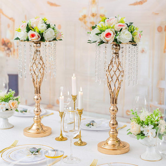 Luxe Divine Collection ~ Gold-Plated Wrought Iron Metal Flower Stand or Candle Holder with Crystal Acrylic Beads Hanging