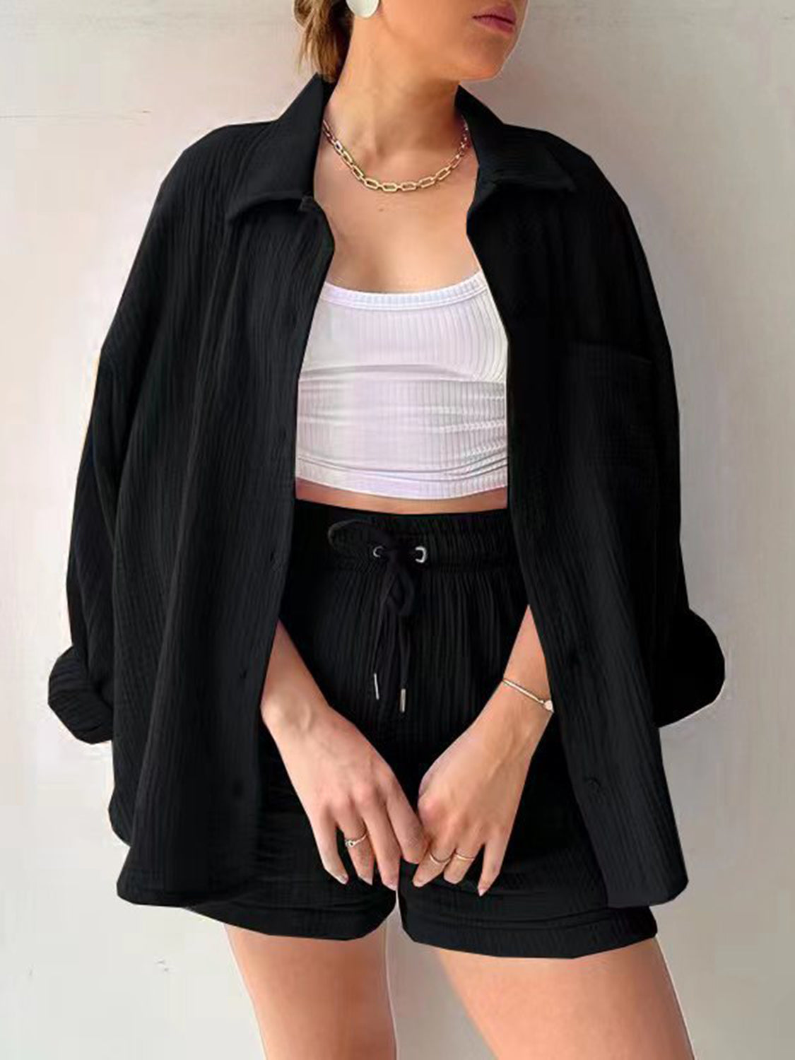 Luxe Divine Collection ~ Texture Button Up Shirt and Drawstring Shorts Set