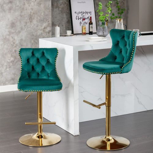 Luxe Divine Collection ~ Golden Swivel Velvet Barstools Adjustable Seat Height From 25-33 Inch Green, Nailhead Trim, Set Of 2