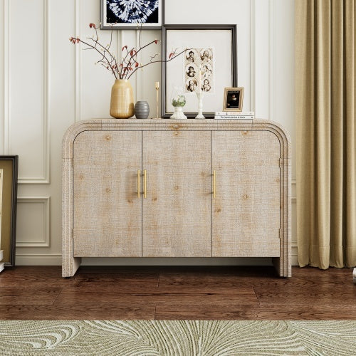 Luxe Divine Collection ~ Vintage Minimalist Curved Sideboard With Gold Handles And Adjustable Partitions For The Living Room Or Dining Room, Beige