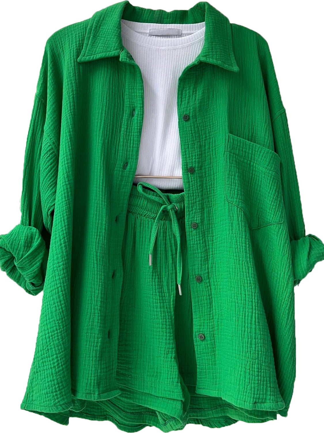 Luxe Divine Collection ~ Texture Button Up Shirt and Drawstring Shorts Set