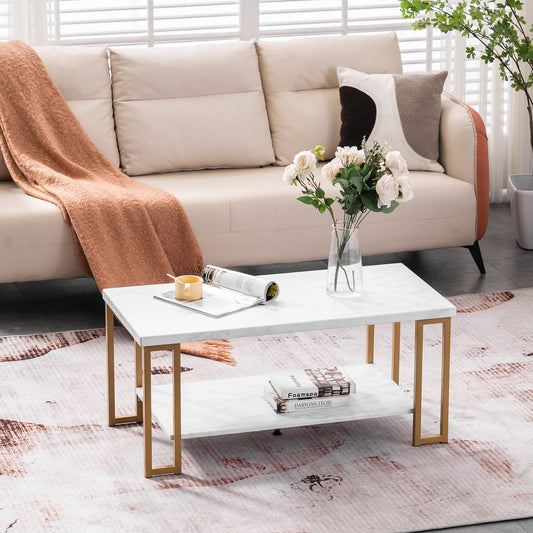Luxe Divine Collection ~ 106 x 50 x 48cm Rectangular Double Layer Golden Iron Pipe Marble PVC Coffee Table