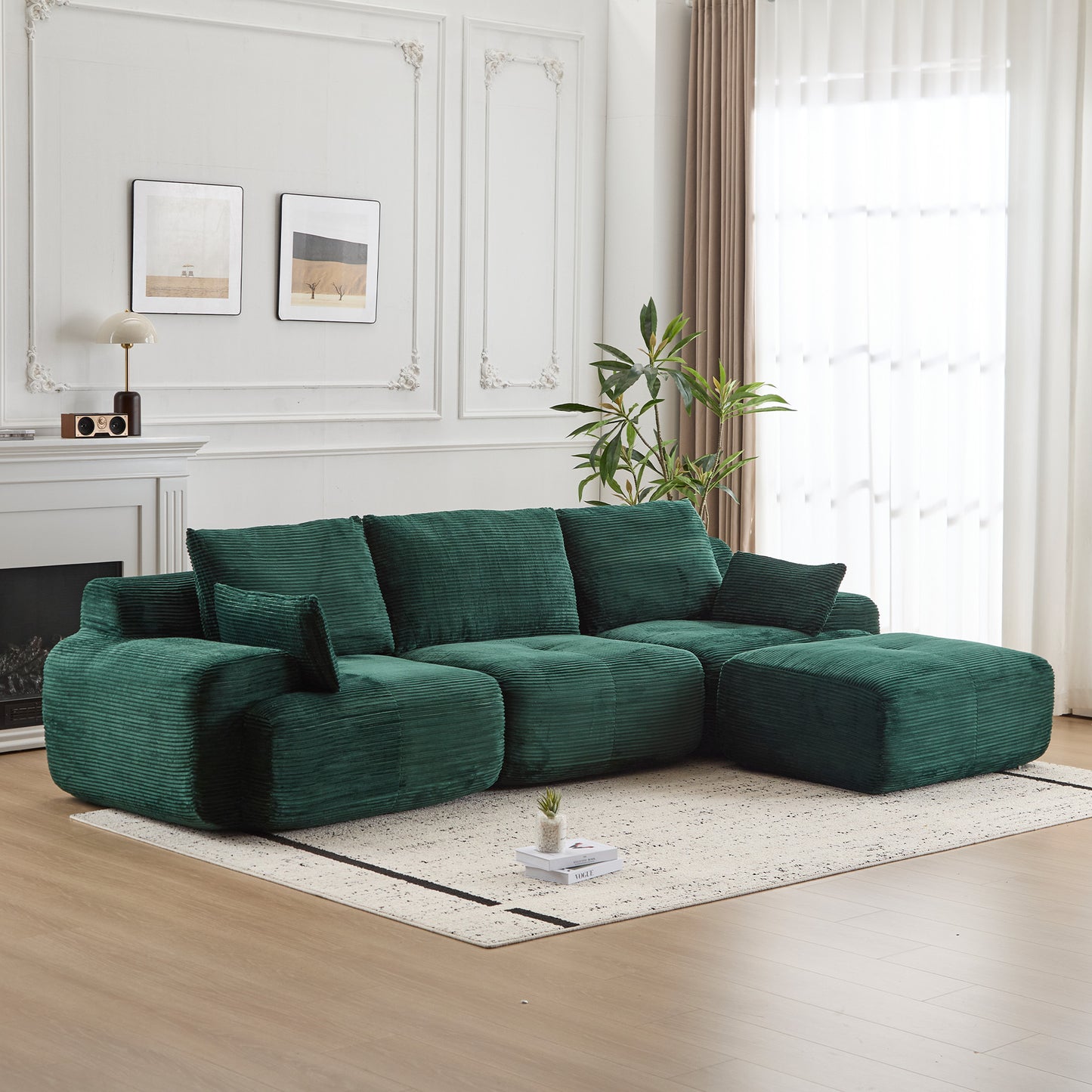 Modern Memory Foam Compressed Sofa,Large Sectional Couches For Living Room,Pet-Friendly Cloud Modular Sectional Sofa,Corduroy Fabric,Extra Deep Loveseat,No Assembly Required,Green