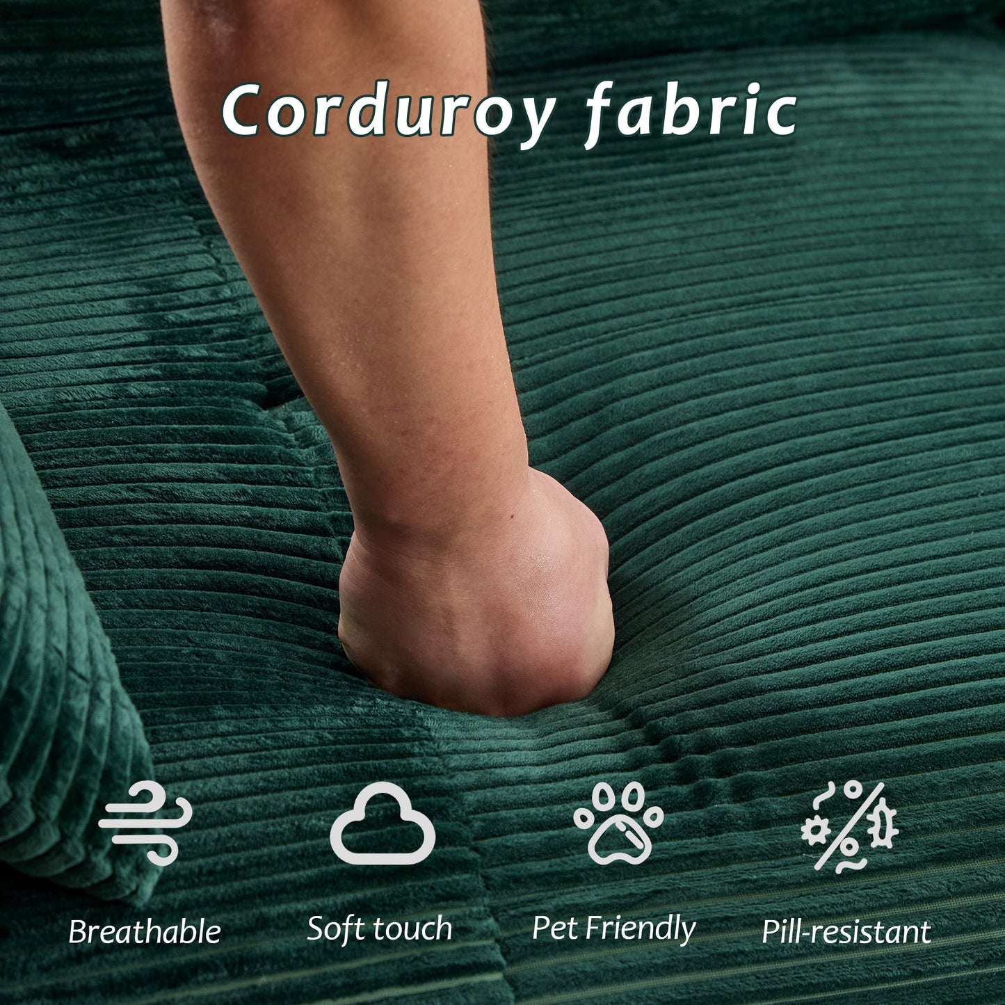 Modern Memory Foam Compressed Sofa,Large Sectional Couches For Living Room,Pet-Friendly Cloud Modular Sectional Sofa,Corduroy Fabric,Extra Deep Loveseat,No Assembly Required,Green