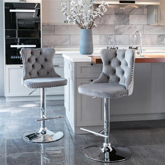 Luxe Divine Collection ~ Rotating Velvet Bar Stool Gray, Silver Nailhead Trim, Set of 2