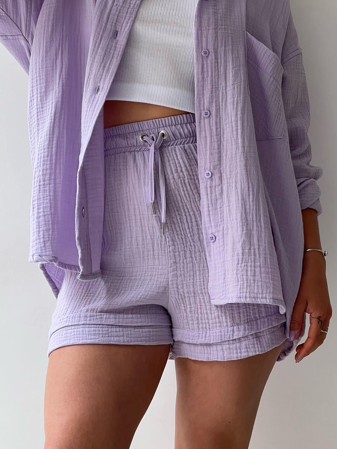 Luxe Divine Collection ~ Texture Button Up Shirt and Drawstring Shorts Set
