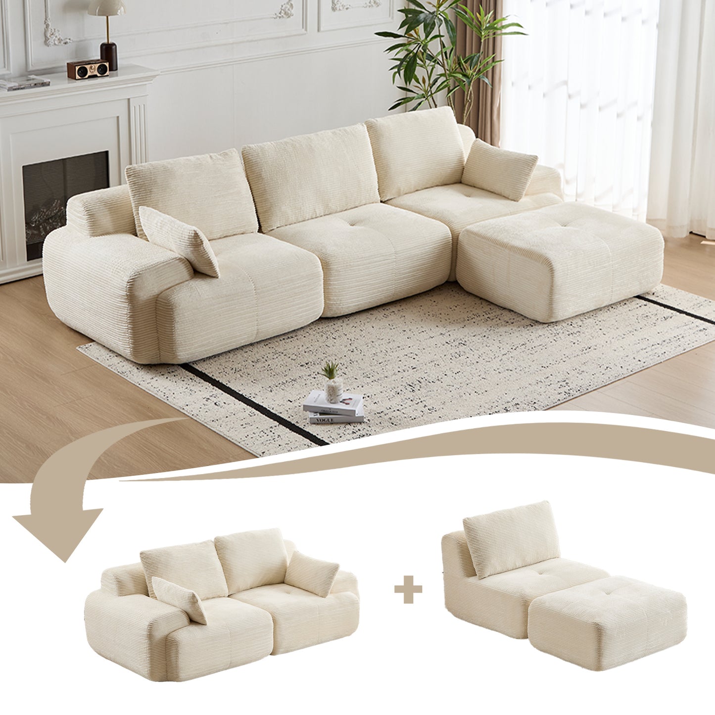 Modern Memory Foam Compressed Sofa,Large Sectional Couches For Living Room,Pet-Friendly Cloud Modular Sectional Sofa,Corduroy Fabric,Extra Deep Loveseat,No Assembly Required, BEIGE
