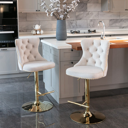 Luxe Divine Collection ~ Golden Swivel Velvet Barstools Adjustable Seat Height From 25-33 Inch Beige, Nailhead Trim, Set Of 2